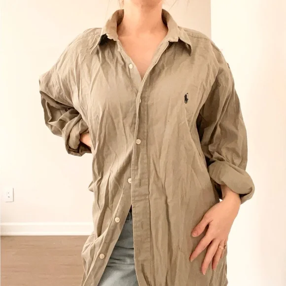 Vintage Ralph Lauren Tan Gray Button-Up Shirt - Picture 3 of 5